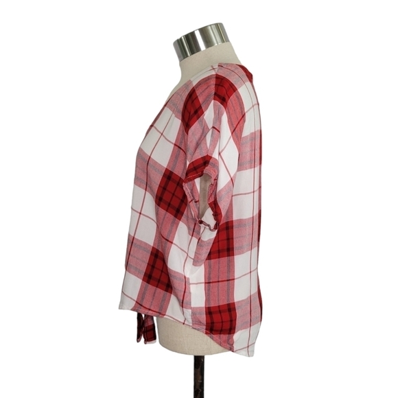 Universal Thread Red & White Plaid Tie Front Button-Up V-Neck Top Women's Size S - Picture 3 of 7